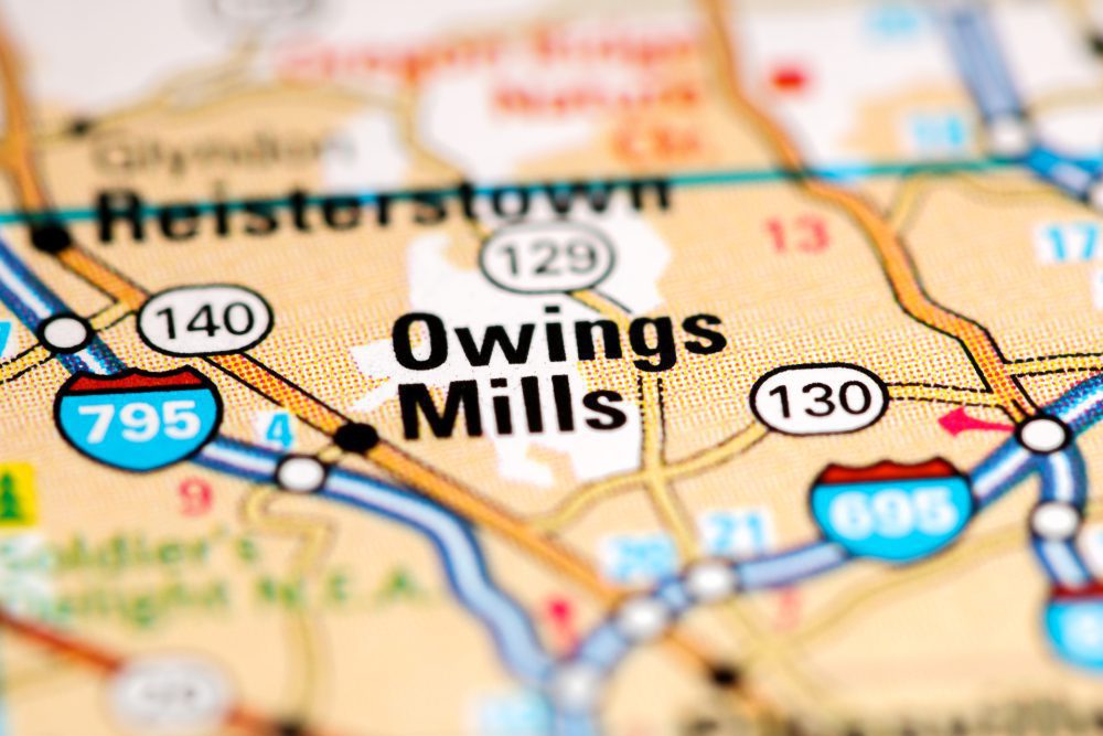 Road Map of Maryland focused on the Owings Mills area.